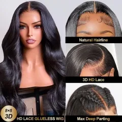 【9 Textures】8x5 3D HD Glueless Lace Closure Wig Free Parting Pre-plucked Bleach Knots 180% Density ULW185