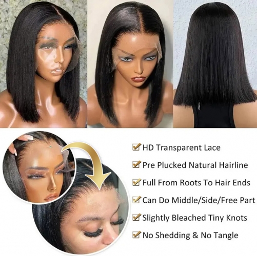 Super Double Drawn】#1B 13*4 Lace Frontal Straight Bob Wig