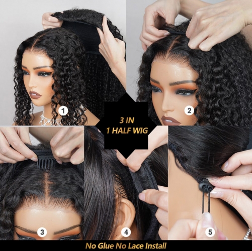 Kinky Curly Half Wig Human Hair 200% Density 3 In 1 Glueless Wear and Go Kinky Curly Flip Over Wig Half Wigs Human Hair 3 in 1  main image 3