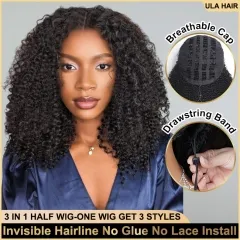 【Most Natural】 Glueless 3 In 1 Half Wig 200% Density Wear & Go Drawstring Band Seamless Clip Ins Wig Invisible Hairline No Glue Need ULH155