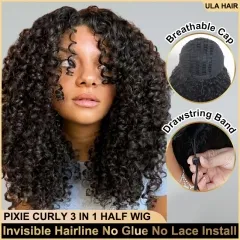 【3 IN 1 Half Wig】 New Pixie Curly 200% Density Half Wig Wear & Go Drawstring Band Seamless Clip Ins Human Wig No Glue Need ULH260