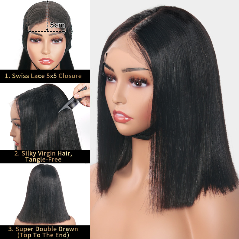 Bone Straight】#1B 5*5 Lace Closure Bob Wig Super Double