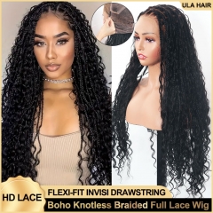 【Boho Knotless Braided Wig】Ula Hair Flexi-Fit Invisible Drawstring Full HD Lace Boho Knotless Curls Human Hair Braided Wig 26inch ULH279