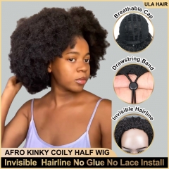 【3 IN 1 Half Wig】4B-4C Afro Kinky Coily 250% Density Half Wig Wear & Go Drawstring Band Seamless Clip Ins Human Wig No Glue Need ULH258