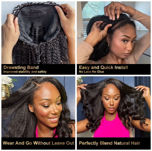 Curly Half Wig Huan Hair 250 Density 3 In 1 Drawstring Sealess