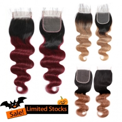 【Halloween Limited Sale】Brazilian 4*4 Lace Closure Ombre Color 1B/27 O1B/30 O1B/99J  Body Wave Straight Colored Hair Closure ULH299
