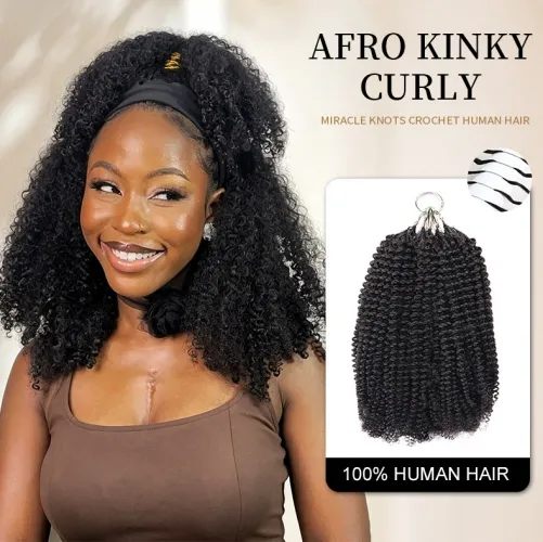 【Miracle Knots Crochet Braids】Afro Kinky Curly Micro Ring Loop Crochet Soft Human Hair Extension For Black Women Protective Hairstyle 5rings/pack