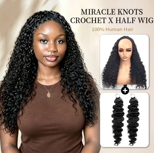 【 New In 】Miracle Knots Crochet x Half Wig Hack Burmese Curly 200% / 250% Density Half Wig Seamless Miracle Braids Human Wig No Glue Need ULH062