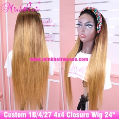Custom T1B/4/27 4x4 Closure Wig 180% Density Brown Lace Silky Straight (Ready to Ship)