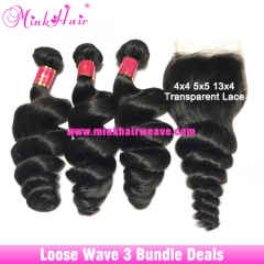 Transparent Lace Frontal Closure with Best Loose Wave Hair Bundle Deals Mink Brazilian Hair Weave