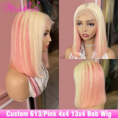 Custom #613/Pink Ombre Color Highlight Wig 4x4 & 5x5 Closure Bob Wig 180% Density