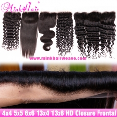 HD Lace 4x4 5x5 6x6 13x4 13x6 Lace Frontal Closure 150% Density Wholesale Mink Brazilian Hair