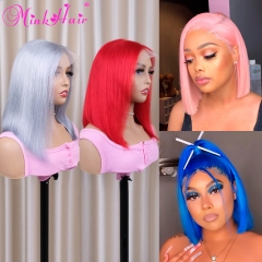Ready Made Pink Red Blue Grey Color Transparent 13x6 Lace Bob Wig 180% Density