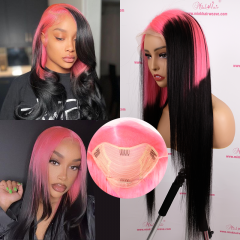 FLASH SALE 021 #Pink/1B Color 22inch Silky Straight Transparent 13x4 Lace Frontal Wig 180% Density(Sales products, do not accept refund/return)