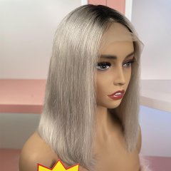 FLASH SALE 049 #1B/Gray Color 14inch Silky Straight Transparent 13x4 Lace Bob Wig 180% Density(Sales products, do not accept refund/return)