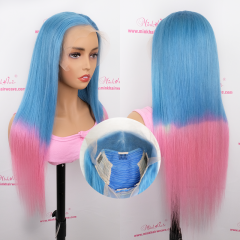 FLASH SALE 006 #Light Blue/Pink Color 24inch Straight Transparent 13x4 Lace Frontal Wig 180% Density(Sales products, do not accept refund/return)
