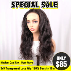 SPECIAL SALE 16inch Body Wave 5x5 Transparent Lace Closure Wig 180% Density Medium Cap Size (Sales products, do not accept refund/return)