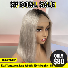 SPECIAL SALE 14inch 1B/Gray Color Straight 13x4 Transparent Lace Bob Wig 180% Density (Sales products, do not accept refundreturn)