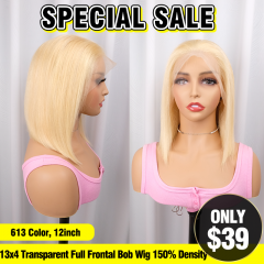 SPECIAL SALE 12inch 613 Color Straight 13x4 Transparent Full Frontal Bob Wig 150% Density (Sales products, do not accept refund/return)