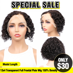 SPECIAL SALE Model Length Curly 13x4 Transparent Lace Full Frontal Pixie Bob Wig 150% Density (Sales products, do not accept refundreturn)