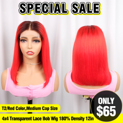 SPECIAL SALE 12inch T2/Red Color 4x4 Transparent Lace Closure Bob Wig 180% Density Medium Cap Size(Sales products, do not accept refund/return)