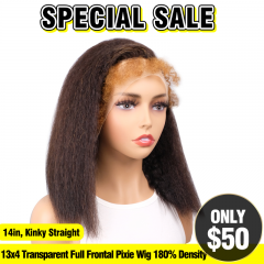 SPECIAL SALE 14inch Kinky Straight 13x4 Transparent Lace Full Frontal Pixie Bob Wig 180% Density (Sales products, do not accept refundreturn)