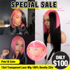 SPECIAL SALE 22inch Pink/1B Color Straight 13x4 Transparent Lace Front Wig 180% Density (Sales products, do not accept refund/return)