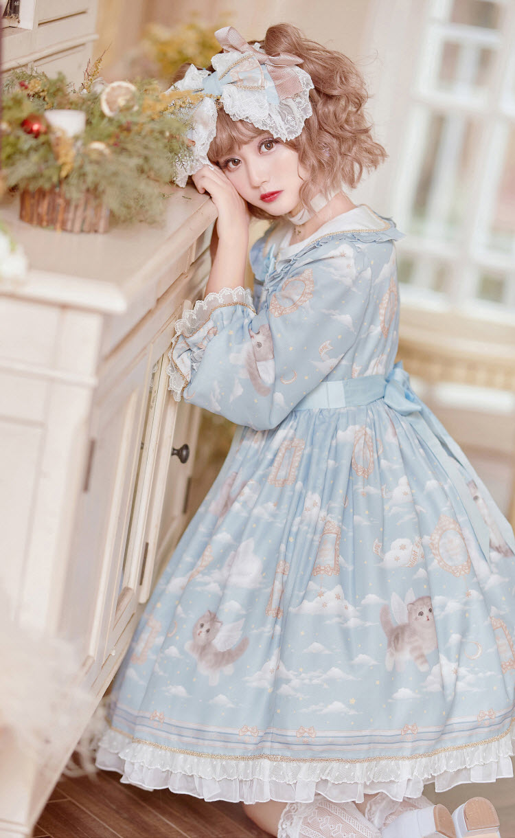 Moonlight Forest -Kittens in Cloud Kingdom- Lolita OP Dress (Long