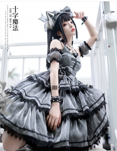 formal dress sewing patterns White Cross Ribbon Gothic Long Sleeve Dress – ロリータファッション通販RonRon main image 0