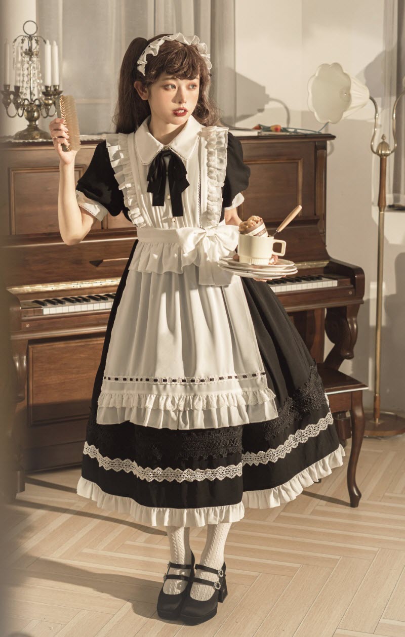 Junior Maid Vintage Classic Lolita Short Sleeves OP Dress and Apron Set Junior Maid Vintage Classic Lolita Short Sleeves OP Dress and Apron Set