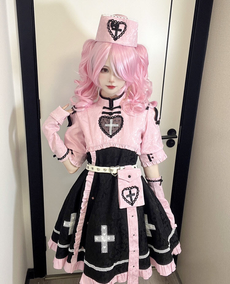 cute nurse dress ROMWE EDITION Lolita Nurse Style Cosplay Cute Sweet Cross Embroidery Puff Sleeve Mini Dress For Women