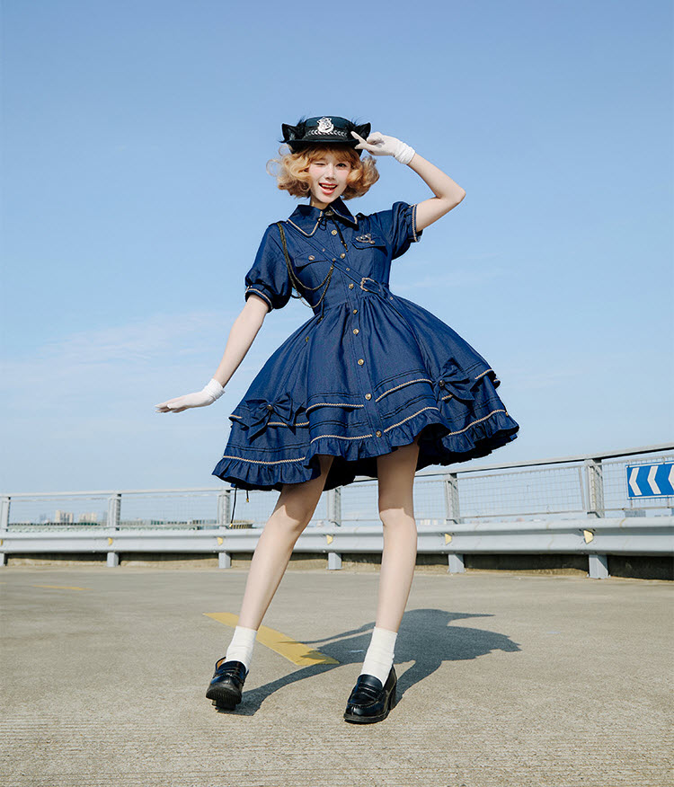 military denim dress The Cat Commander Denim Fabric Military Lolita OP Dress