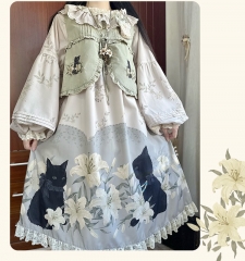The Black Cat and The Lily Vintage Classic Lolita Vest, OP Dress and Matching Bonnet
