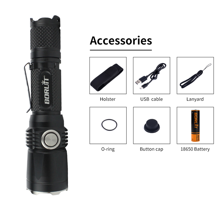 Boruit BC05 Long Range Tactical LED Flashlight Super Bright Micro-USB Rechargeable Torch