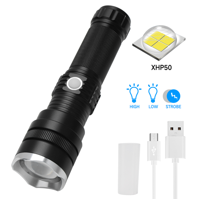 Rechargeable Aluminum Torch Zooming Dimmer XHP50 LED Flashlight Power by 18650/26650