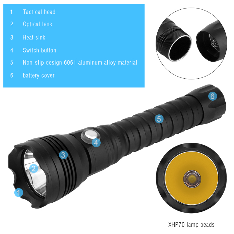 6000 Lumen Waterproof Torch IPX8 LED XHP70 Flashlight for Underwater Diving