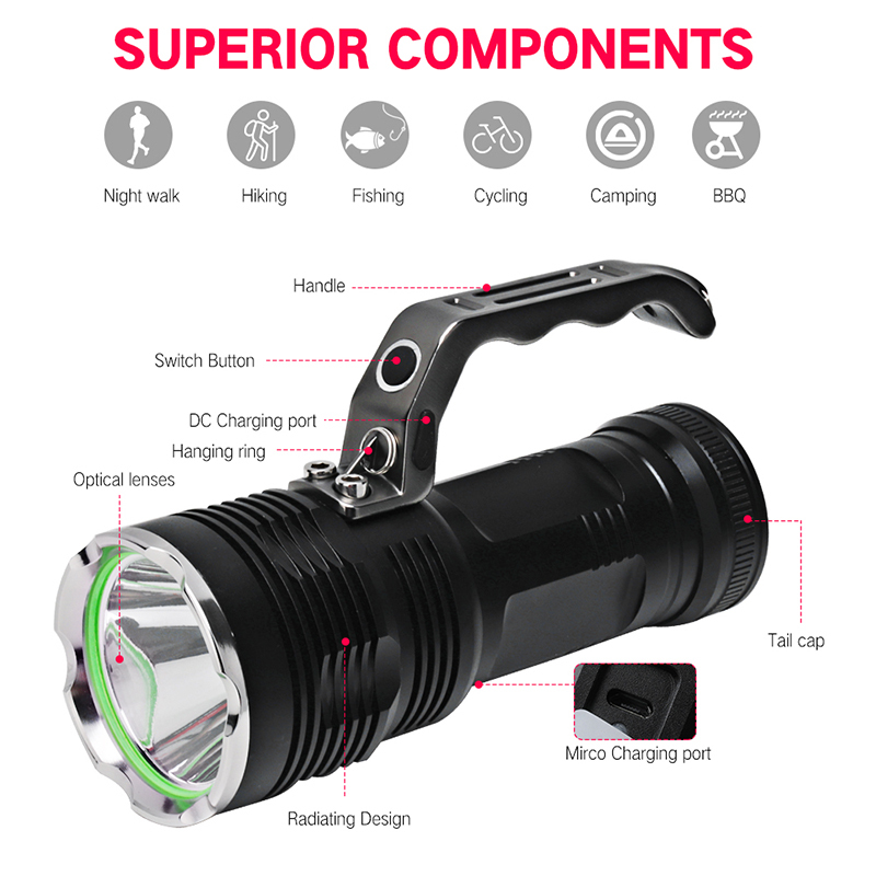 High Power 1800 lumen XHP50 Led flash light, rechargeable Powerful Handheld led searchlight