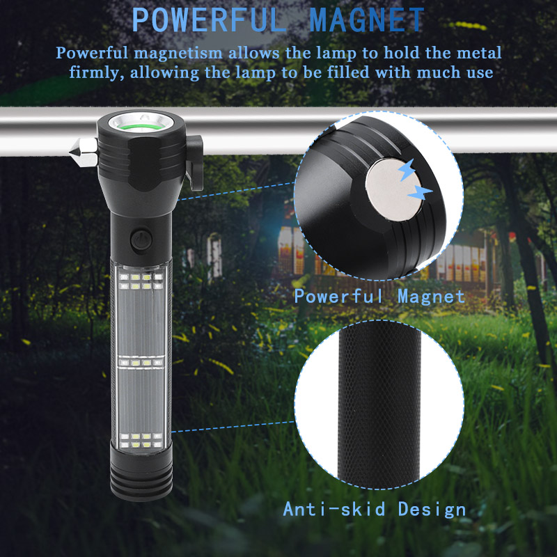 Solar Power Emergency Flashlight Safety Hammer Multi Function LED Torch