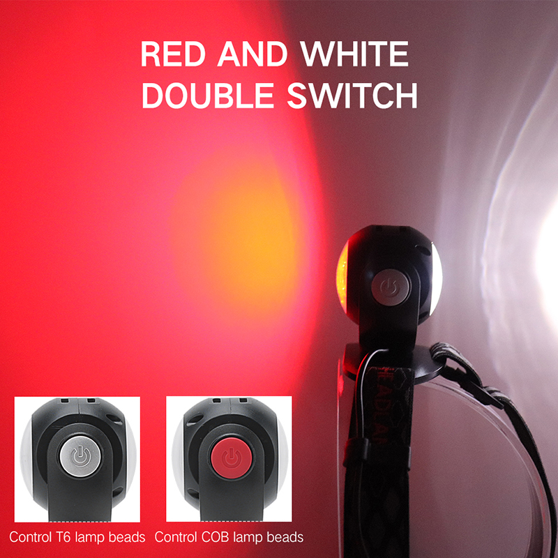 New Product Front and Back T6 COB Lamp Beads Headlamp Rechargeable White and Red Emitting light