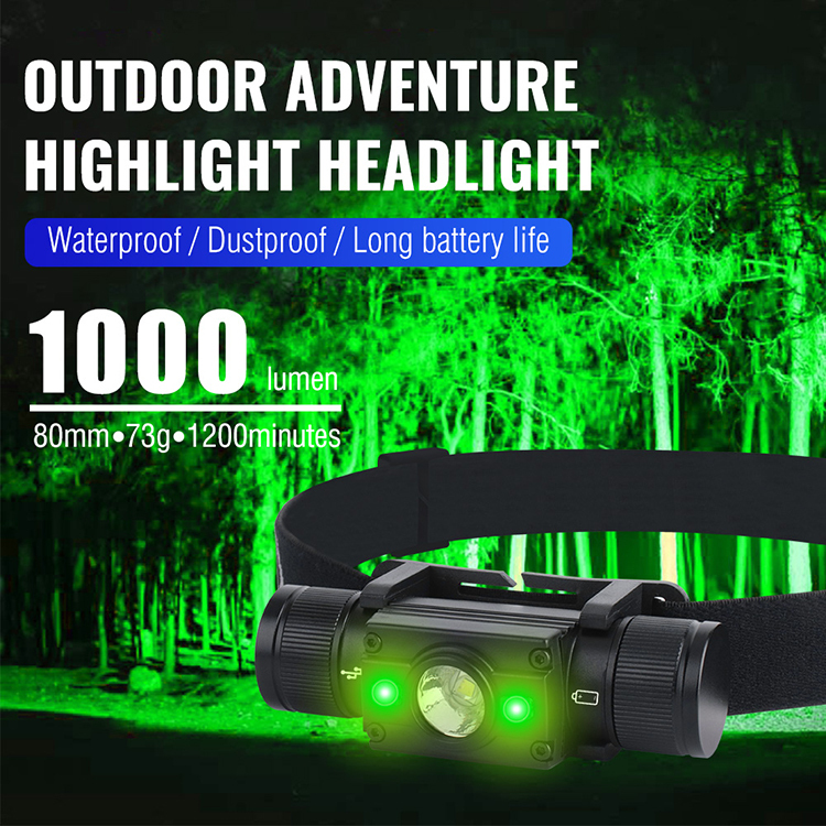 BORUIT HP300 Green Light Headlamp High Power Type C Headtorch Waterproof for Hunting