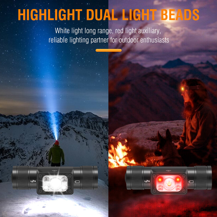 BORUiT HP350 LED Headlamp 5000lm White Red Light Color Headlight for Hunting USB C Charge Waterproof