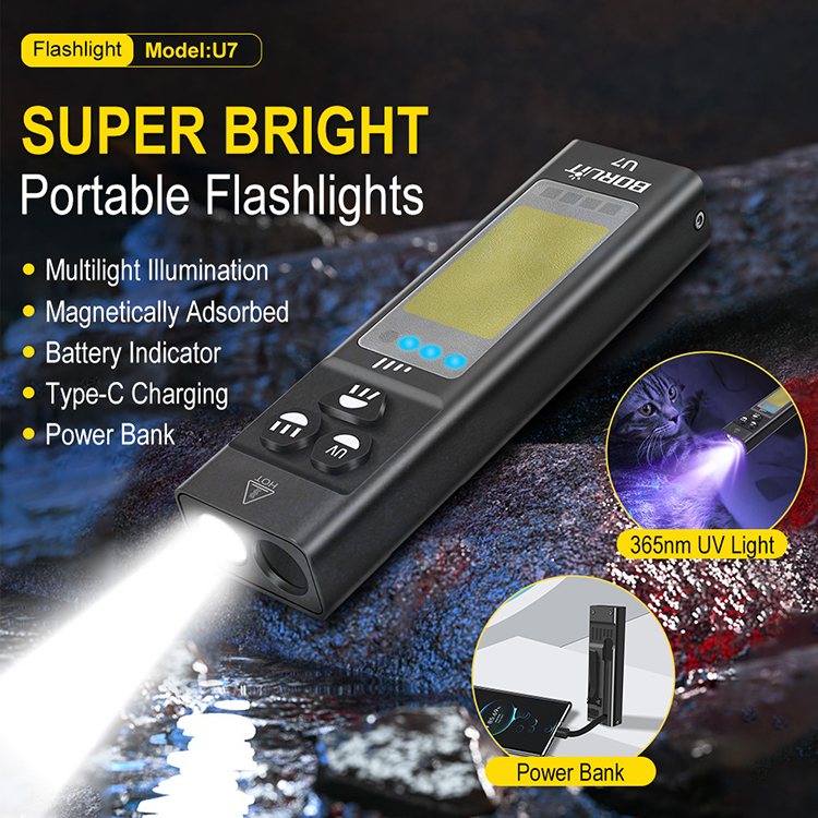 Boruit U7 High Lumens Rechargeable Flashlight Multifunctional Powerful Pocket Work Light Magnetic Flashlight with 365nm UV light