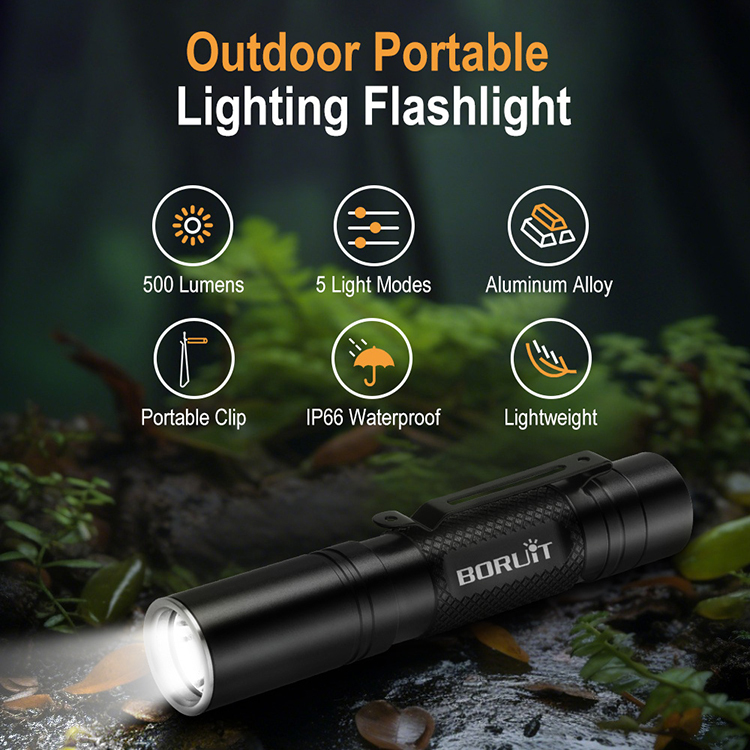Boruit RJ13 500 Lumens High Brightness EDC Flashlight Waterproof Rechargeable Small Torch Light Portable Tactical Light Torch