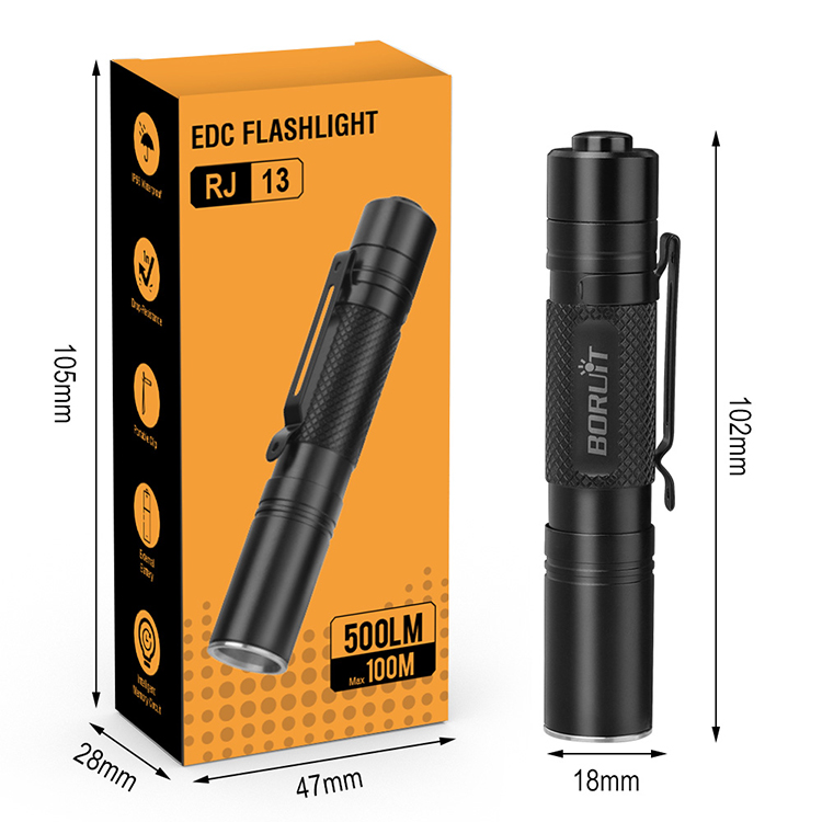 Boruit RJ13 500 Lumens High Brightness EDC Flashlight Waterproof Rechargeable Small Torch Light Portable Tactical Light Torch