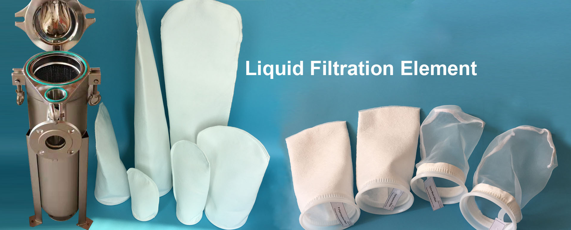 Liquid filtration elements-micron filter bag, filter vessels, filter housing
