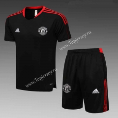 2021-2022 Manchester United Black Short-sleeve Thailand Soccer Tracksuit-815