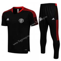 2021-2022 Manchester United Black Short-sleeve Thailand Soccer Tracksuit-815