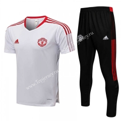 2021-2022 Manchester United White Short-sleeve Thailand Soccer Tracksuit-815