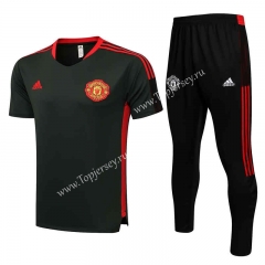 2021-2022 Manchester United Dark Green Short-sleeve Thailand Soccer Tracksuit-815