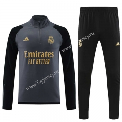 2023-2024 Real Madrid Black&Gray Thailand Soccer Tracksuit-815